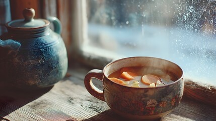 Bowl of soup sits on a table next to a teapot. The bowl is filled with carrots and other vegetables. The scene is cozy and inviting, with the warmth of the soup and the steam rising from the bowl