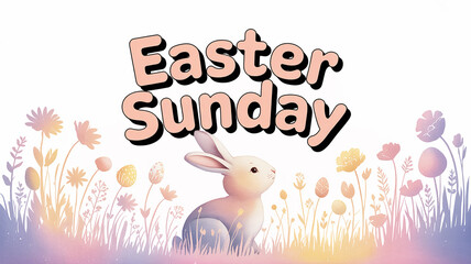 Delightful Easter Sunday greeting with adorable bunny surrounded by pastel flowers and eggs, perfect for holiday promotions and springtime celebrations