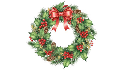 Watercolor Christmas Wreath with Holly Leaves, Red Bow, Pine Branches and Berries Illustration