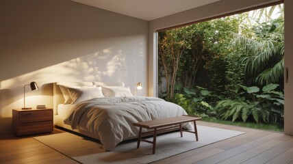 A serene bedroom featuring a large bed, wooden furniture, and an open view to a lush garden, blending indoor comfort with nature.