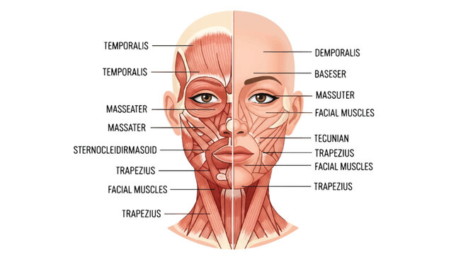 Detailed 2D flat vector illustration of female head and neck muscles, meticulously labeled for educational and medical purposes, presented in a contrasting half-skin view on a white background.