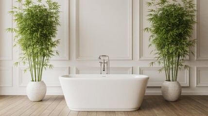 Fototapeta premium A modern bathroom features a white freestanding tub surrounded by lush bamboo plants and elegant paneling.