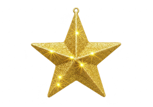 Glittering gold star ornament isolated on transparent background