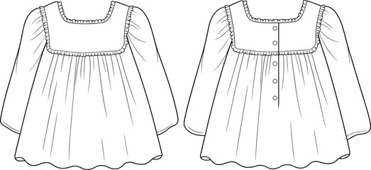 Baby girl dress flat sketch with frill details and back button closure – long sleeve kidswear technical fashion illustration