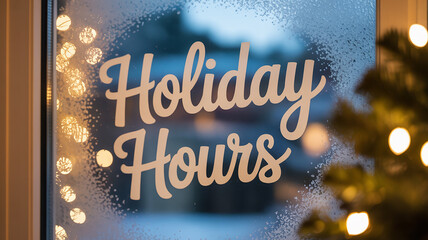 Holiday Hours sign on frosty window with festive lights evokes cozy winter atmosphere for retail or business use, promising seasonal cheer and special openings