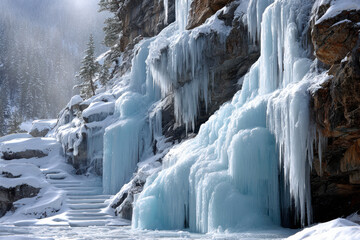 Beautiful frozen waterfall in a snowy mountain landscape during winter season