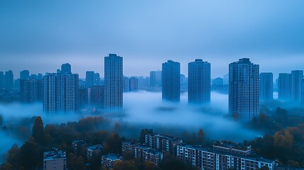 Modern City Skyline with Tall Buildings Emerging from Dense Morning Fog and Moody Blue Tones