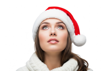 Young woman wearing santa hat isolated on transparent background