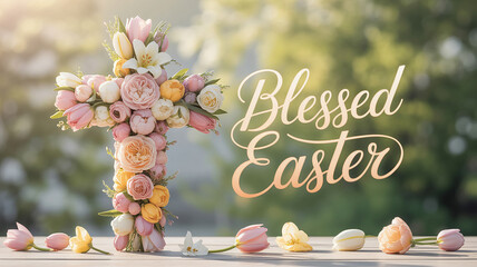 Delicate floral cross with 'Blessed Easter' greeting evokes springtime joy and faith, perfect for holiday cards and religious celebrations with pastel elegance