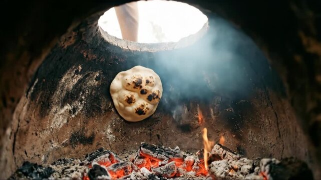 Man baking flatbread in a traditional clay oven