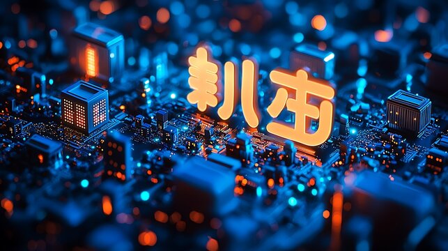 Glowing orange Chinese characters for 'Innovation' (??) on a blue digital circuit board, symbolizing advanced technology, AI, and computing.