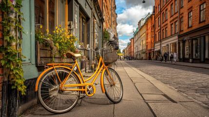 A vintage yellow bicycle leans against a building on a quiet European street with aged brick buildings and cobblestone pavement under a bright cloudy sky today.