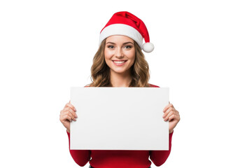 Woman in santa hat holding blank sign isolated on transparent background