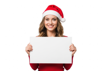 Woman in santa hat holding blank sign isolated on transparent background