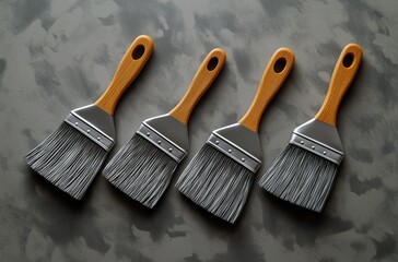 Four paintbrushes with gray bristles and wooden handles on dark gray background, artistic tools for painting and decoration projects with copy space.