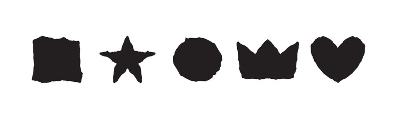 Set with torn paper jagged star, heart, crown, square, circle.