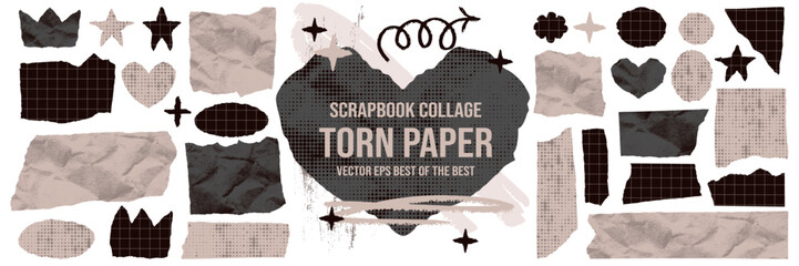 Set tattered paper with rough tear edges and jagged rectangle frame.