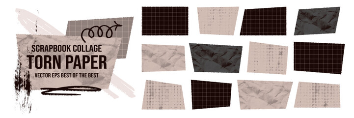 Set torn paper edge with jagged rectangle and rough tattered frame shape.