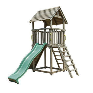 Wooden playground tower with slide and ladder outdoor fun play structure for kids isolated on transparent background