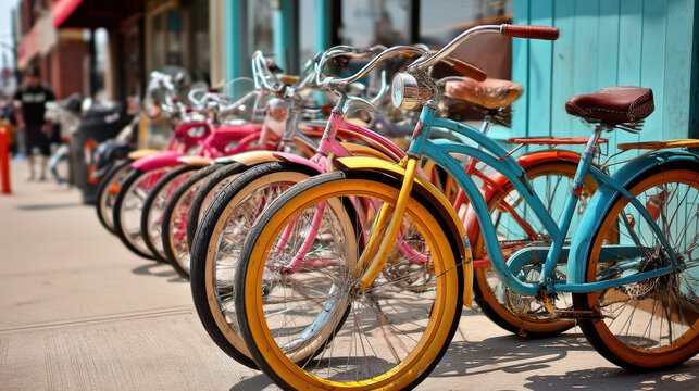 A vibrant row of colorful vintage bicycles parked along a city sidewalk on a sunny day showcases a blend of retro charm and urban lifestyle appeal and fun.