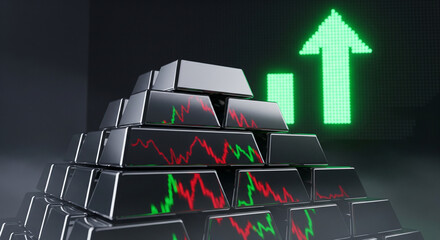 Silver bars with upward trending stock chart showing financial success and growth