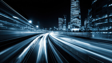 Illuminated streaks of light blur across a modern cityscape at night, emphasizing the dynamic flow of urban life amid towe buildings and dark skies.