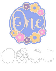 One cake topper, First Birthday layered decoration with flowers, svg files for cutting
