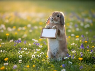 Bunny standing in a field of flowers holding a blank sign