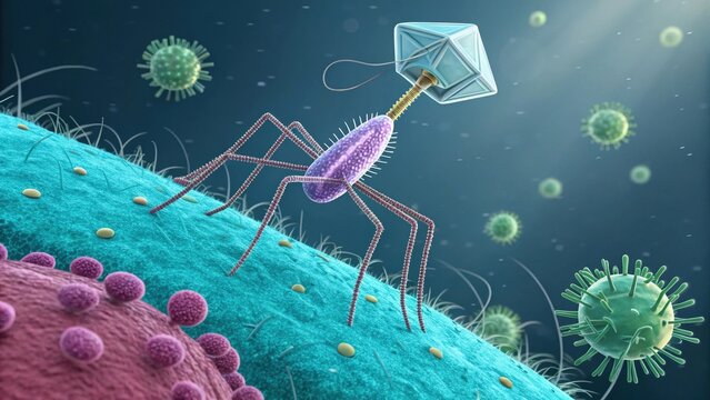 Bacteriophage attacking cell with virus particles