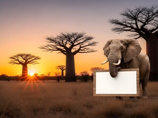Elephant holding a blank sign against a sunset backdrop and trees