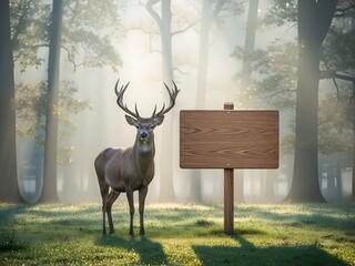 Deer standing near wooden sign in a sunlit forest background