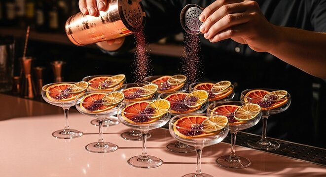 Bartender pouring cocktails with citrus garnish into multiple glasses on a bar preparing drinks for a celebration or event