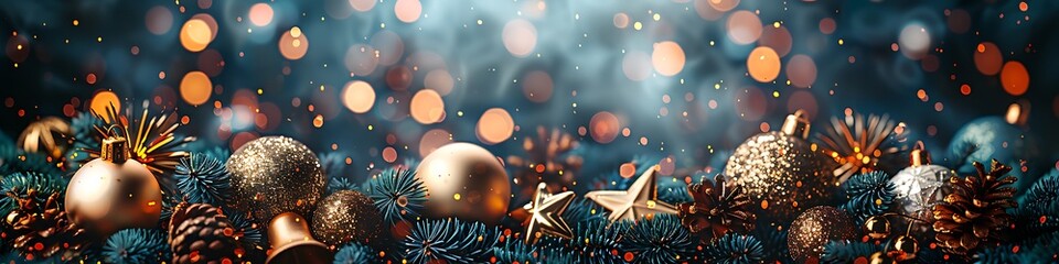 Panoramic Golden Christmas Ornaments with Blurry Bokeh Lights