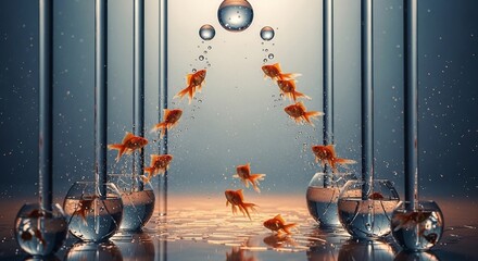 Surreal goldfish aquatic ladder a dreamlike journey through water glass and light exploring themes of transformation and escape in a unique composition