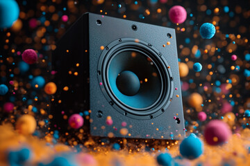 Vibrant Speaker with Floating Colorful Spheres