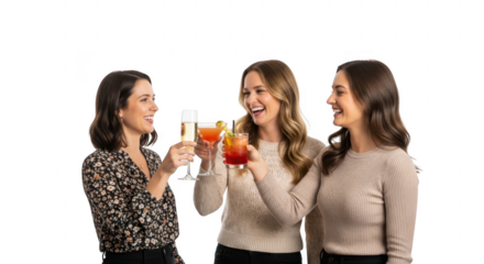 Three women toasting with cocktails, isolated on transparent background