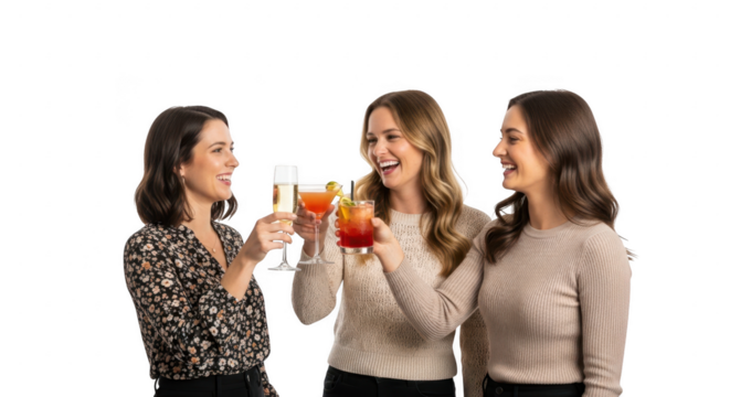 Three women toasting with cocktails, isolated on transparent background
