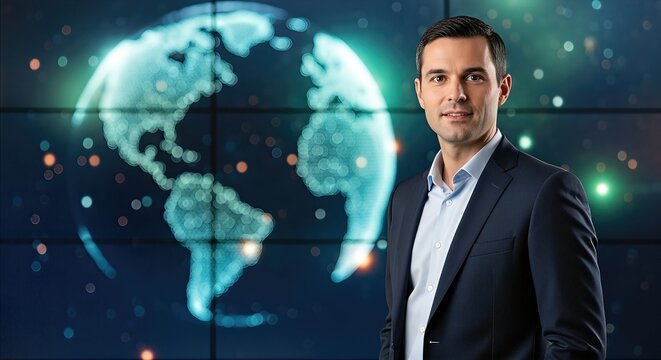 Businessman in formal attire stands confidently in front of a digital globe display, showcasing global connectivity and technological advancement in a modern corporate environment