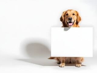 Golden retriever dog holding blank sign isolated on white background