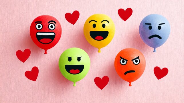 Colorful balloons with various facial expressions, including happy, angry, and surprised, surrounded by heart shapes, creating a playful and cheerful atmosphere for celebrations and events