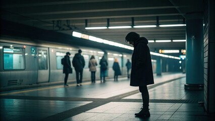 Pensive commuter waits for train in subway station