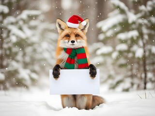 Fox in winter attire holding blank sign against snowy background
