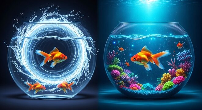 Two goldfish bowls with water and fish one with a portal effect and the other with coral reefs
