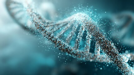 Luminescent particles form a DNA helix against a blurred blue background.