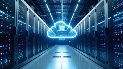 Futuristic data center with glowing cloud icon illustrating computing and server racks representing network and information technology - Powered by Adobe