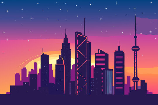 Dynamic Landscape Neon Cityscape Silhouettes Premium Digital Asset