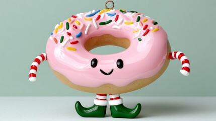 Cute cartoon donut character with pink icing and colorful sprinkles, wearing striped candy cane arms and green elf shoes, showcasing a whimsical and playful design concept