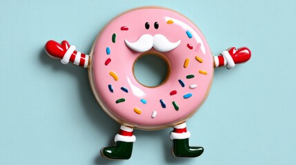 Colorful cartoon donut character with a pink frosting, sprinkles, and festive gloves and boots, standing cheerfully against a light blue background, embodying a playful holiday spirit