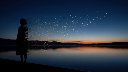 A solitary figures silhouette by a calm lake at twilight, their form dissolving into a luminous cascade of stardust, symbolizing transformation, dreams, and the ethereal beauty of nature at dusk