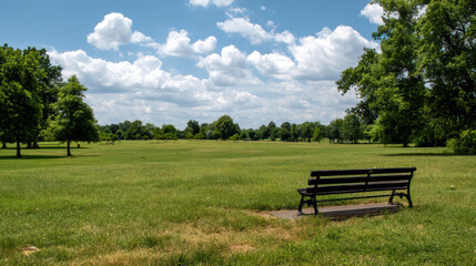 A serene park scene unfolds with a solitary bench overlooking a lush green field under a vibrant blue sky dotted with fluffy white clouds on a sunny day.